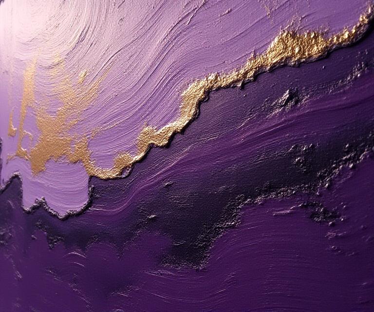 Dipinto astratto materico con accenti viola e oro