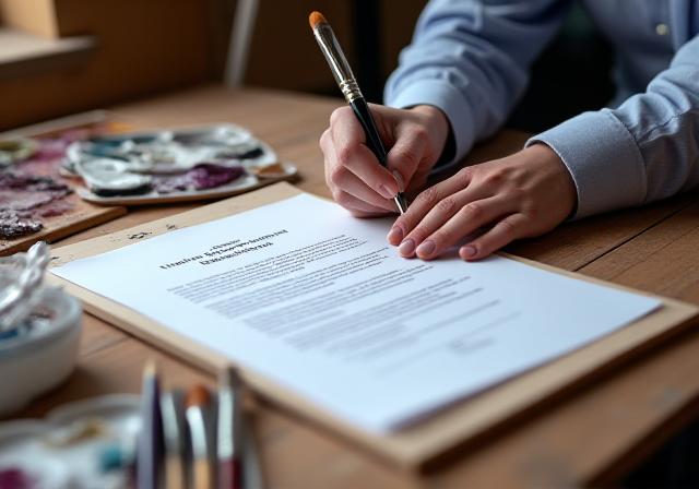 Un artista che firma un contratto di commissione in uno studio luminoso