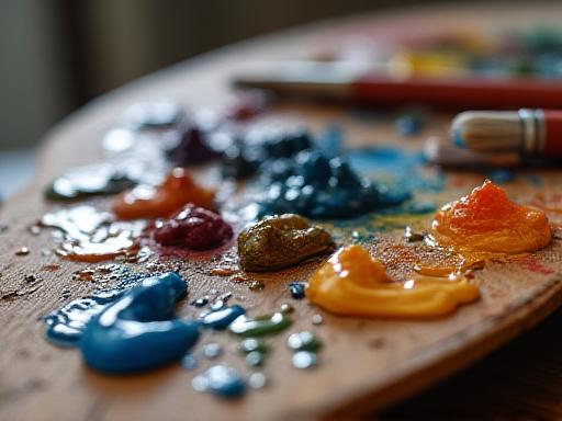 Dettaglio di pennelli e tavolozza nello studio