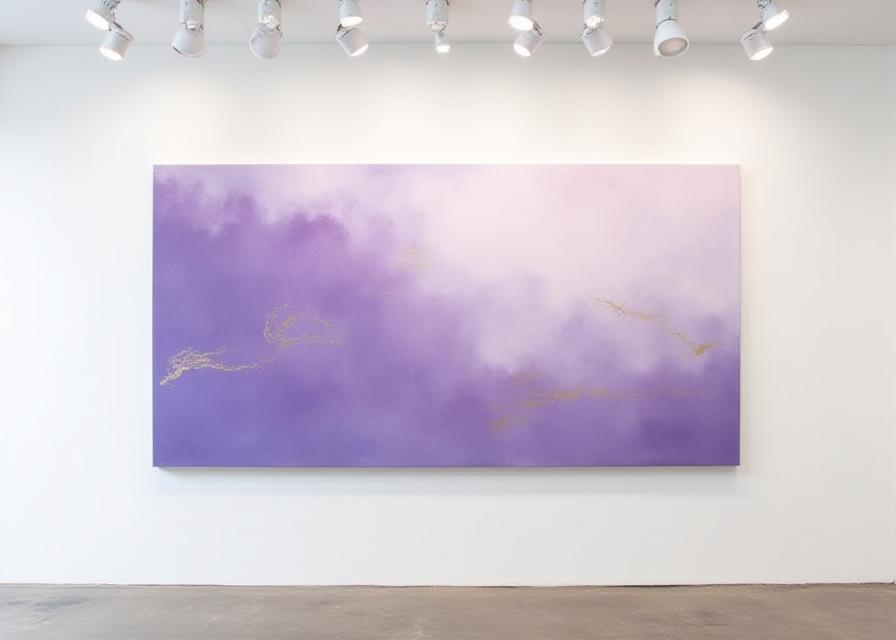 Grande dipinto astratto con tonalità viola e oro